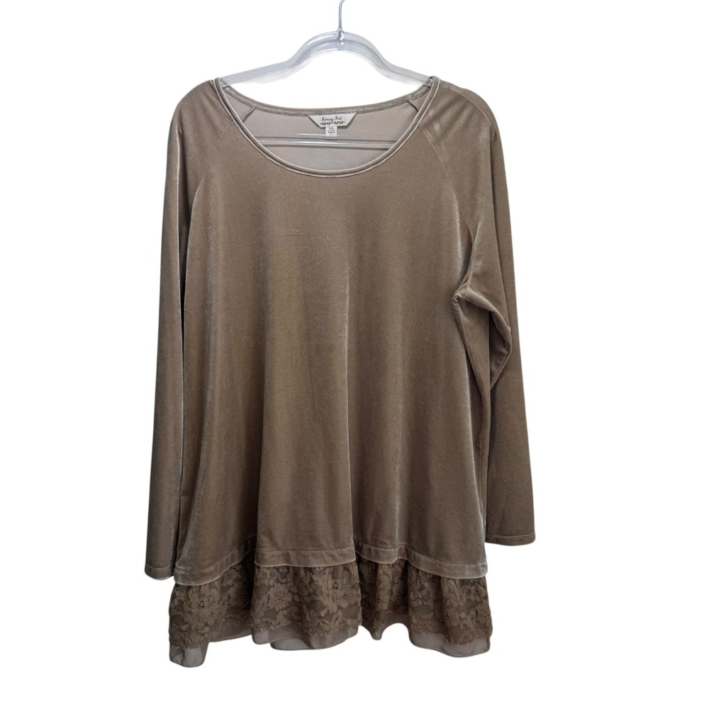 Krazy Kat Velvet Velour Lagenlook Romantic Cottagecore Lace Tunic Top XXL Beige